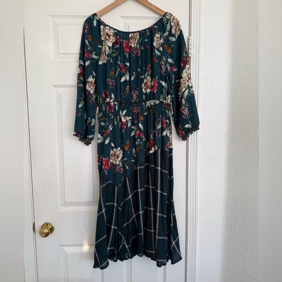 Anthropologie Fig & Flower Floral Plaid Forest Green Midi Dress Large NWT - Picture 9 of 9
